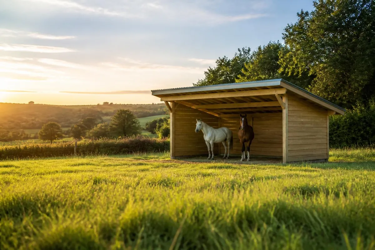 Abri en bois ouvert dans un pré, un cheval à l’abri au coucher du soleil